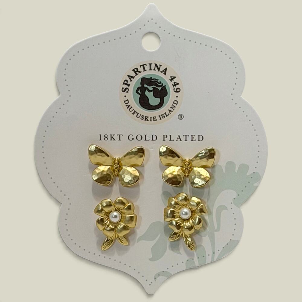 Spartina 449 Posy Party Stud Earrings Set Butterfly Flower Pearl Gold Plated NWT